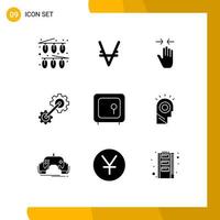 9 Universal Solid Glyph Signs Symbols of bank engineering hand cogwheel zoom in Editable Vector Design Elements