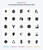 productividad creativa y habilidades de motivación empresarial 25 glifos paquete de iconos negros sólidos como lista. comenzar. sin escalas. expediente. objetivo vector