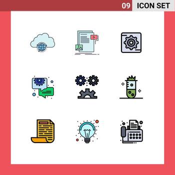 Mobile Interface Filledline Flat Color Set of 9 Pictograms of applied science consulting media chat box Editable Vector Design Elements