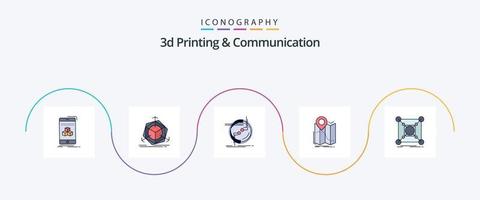 3d Printing And Communication Line Filled Flat 5 Icon Pack Including navigation. location. object. gps. link vector