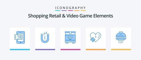 Shoping Retail And Video Game Elements Blue 5 Icon Pack Including ufo. shuttle. chest. space. add. Creative Icons Design vector