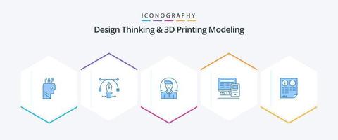 pensamiento de diseño y modelado de impresión d 25 paquete de iconos azules que incluye contras. calculador usuario. educación. computadora vector