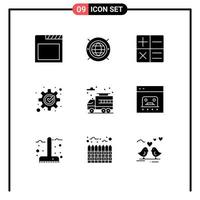 Pack of 9 Modern Solid Glyphs Signs and Symbols for Web Print Media such as business truck math life process Editable Vector Design Elements