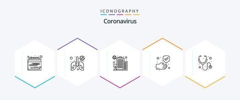 paquete de iconos de 25 líneas de coronavirus que incluye estetoscopio. cuidado de la salud. coronavirus. seguro. mano vector