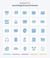 diseño de sonido creativo y producción de sonido 25 paquete de iconos azules como módulo. audio. interfaz. estudio. mezclador vector