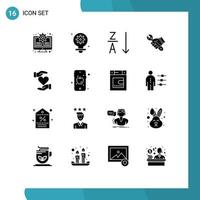 Modern Set of 16 Solid Glyphs and symbols such as give hand alphabetical tools repair Editable Vector Design Elements