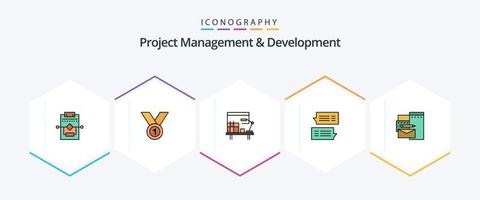 Project Management And Development 25 FilledLine icon pack including mail. chat. medal. table. desk vector