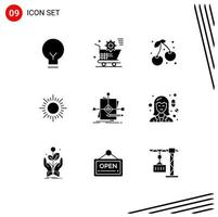 Pack of 9 Modern Solid Glyphs Signs and Symbols for Web Print Media such as business sunset store sunrise farming Editable Vector Design Elements