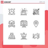 Set of 9 Vector Outlines on Grid for technology call focus hacking growth Editable Vector Design Elements