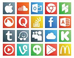 paquete de 20 íconos de redes sociales que incluye waze microsoft access quora facebook stock vector