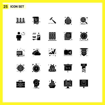 Paquete de glifos sólidos de interfaz de usuario de 25 de signos y símbolos modernos de elementos de diseño vectorial editables de carpintero global de martillo de mercado html vector