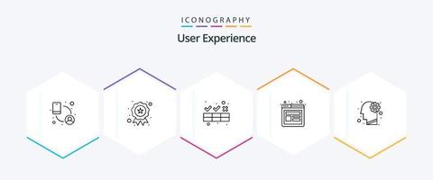 User Experience 25 Line icon pack including gear. website wireframe. cleaner. testing ux. design vector