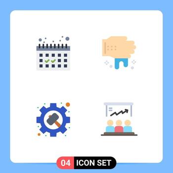 Mobile Interface Flat Icon Set of 4 Pictograms of calendar settings hand gear board Editable Vector Design Elements