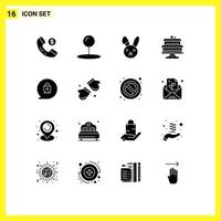 Editable Vector Line Pack of 16 Simple Solid Glyphs of arctic locked rabbit lock cakes Editable Vector Design Elements