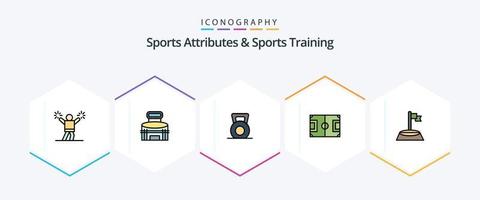 Atributos deportivos y paquete de iconos de 25 líneas de relleno de entrenamiento deportivo, incluido el fútbol. juego. estadio. fútbol americano. elevar vector