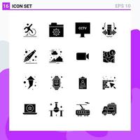 Modern Set of 16 Solid Glyphs and symbols such as education weight camera gym video Editable Vector Design Elements