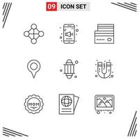 Modern Set of 9 Outlines Pictograph of lantern pin credit map geo location Editable Vector Design Elements