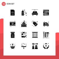 conjunto moderno de 16 glifos y símbolos sólidos, como la construcción de elementos de diseño de vectores editables para el usuario de películas románticas de automóviles de video