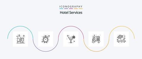 paquete de iconos de la línea 5 de servicios de hotel que incluye servicio. cama solar. vidrio. playa. teléfono vector