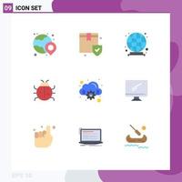 Mobile Interface Flat Color Set of 9 Pictograms of computing spring global nature insect Editable Vector Design Elements