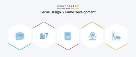 Game Design And Game Development 25 Blue icon pack including legend. game. publish. script. developer vector