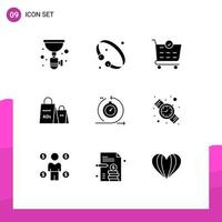 9 User Interface Solid Glyph Pack of modern Signs and Symbols of shopping purse jewelry bag checkout Editable Vector Design Elements