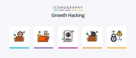 La línea de piratería llenó el paquete de 5 íconos, incluida la pérdida. fuego. virus. datos. bloqueo de pago diseño de iconos creativos vector