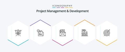 paquete de iconos de 25 líneas de gestión y desarrollo de proyectos, incluido el moderno. negocio. características. ipo. gestión de datos vector