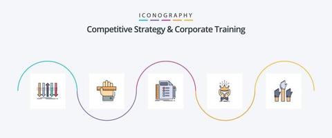 la estrategia competitiva y la línea de capacitación corporativa llenaron el paquete de iconos planos 5, incluido el rey. corona. aprendizaje. tarea. plan vector