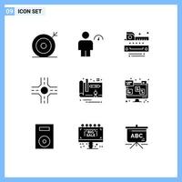 Group of 9 Solid Glyphs Signs and Symbols for plan architecture indicator crossroad ruler Editable Vector Design Elements