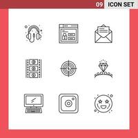 Set of 9 Modern UI Icons Symbols Signs for business target email movie reel film reel Editable Vector Design Elements