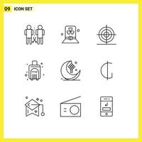 Group of 9 Modern Outlines Set for travel bag summer hat bag math Editable Vector Design Elements