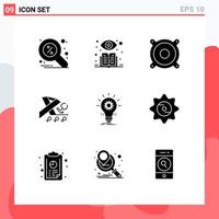 Pack of 9 Modern Solid Glyphs Signs and Symbols for Web Print Media such as innovation develop music bulb ribbon Editable Vector Design Elements