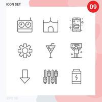 Universal Icon Symbols Group of 9 Modern Outlines of beverage beach drive search gear setting Editable Vector Design Elements