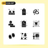 Mobile Interface Solid Glyph Set of 9 Pictograms of school knowledge power education engagment ring Editable Vector Design Elements