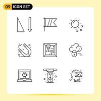 Pack of 9 creative Outlines of lock printing dry skin machine magnet Editable Vector Design Elements