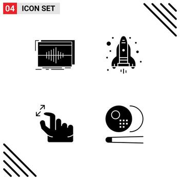 4 Solid Glyph concept for Websites Mobile and Apps audio hand sequence rocket zoom Editable Vector Design Elements