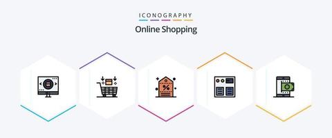 paquete de iconos de 25 líneas completas de compras en línea que incluye pago. flecha. compras. etiqueta. promoción vector