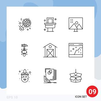 Modern Set of 9 Outlines Pictograph of barn tool image editing break hammer Editable Vector Design Elements
