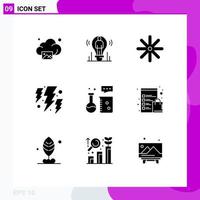 Group of 9 Solid Glyphs Signs and Symbols for chemistry lab weather light power bolt Editable Vector Design Elements