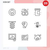 9 User Interface Outline Pack of modern Signs and Symbols of brain train medical traffic sign Editable Vector Design Elements