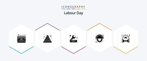 Labour Day 25 Glyph icon pack including gear. cutter. traffic cone. blades. repair vector