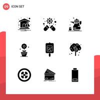 9 User Interface Solid Glyph Pack of modern Signs and Symbols of sugar test blood cup flower plant Editable Vector Design Elements