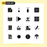 Pack of 16 creative Solid Glyphs of monitor product digging lock punching Editable Vector Design Elements