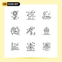 Pack of 9 Modern Outlines Signs and Symbols for Web Print Media such as key wishes summer greeting card play Editable Vector Design Elements