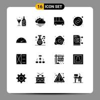grupo universal de símbolos de iconos de 16 glifos sólidos modernos de elementos de diseño de vectores editables de hardware de furgoneta de entrega de calibre de velocímetro