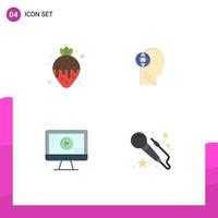 User Interface Pack of 4 Basic Flat Icons of dessert computer strawberry fondue head play Editable Vector Design Elements