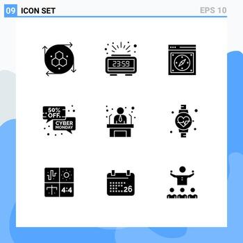 conjunto moderno de 9 pictogramas de glifos sólidos de elementos de diseño vectorial editables web de comercio electrónico del navegador de mensajes de venta vector
