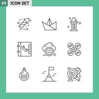 Group of 9 Outlines Signs and Symbols for drone cloud lamp down shutdown Editable Vector Design Elements