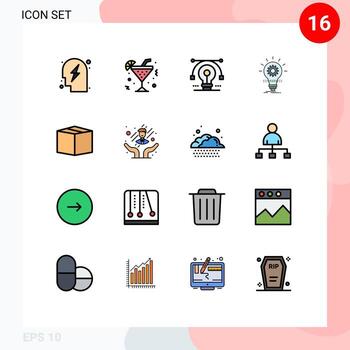 16 Universal Flat Color Filled Lines Set for Web and Mobile Applications light idea bulb develop drawing Editable Creative Vector Design Elements